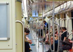 Passengers inside a Santiago Metro carriage, where the bip card Santiago system is used