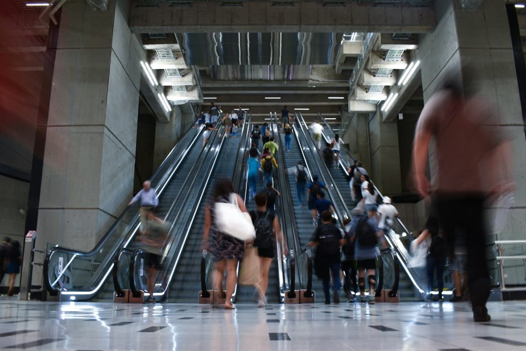 Passengers on the escalators of a Santiago Metro station in Chile