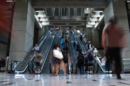 Passengers on the escalators of a Santiago Metro station in Chile
